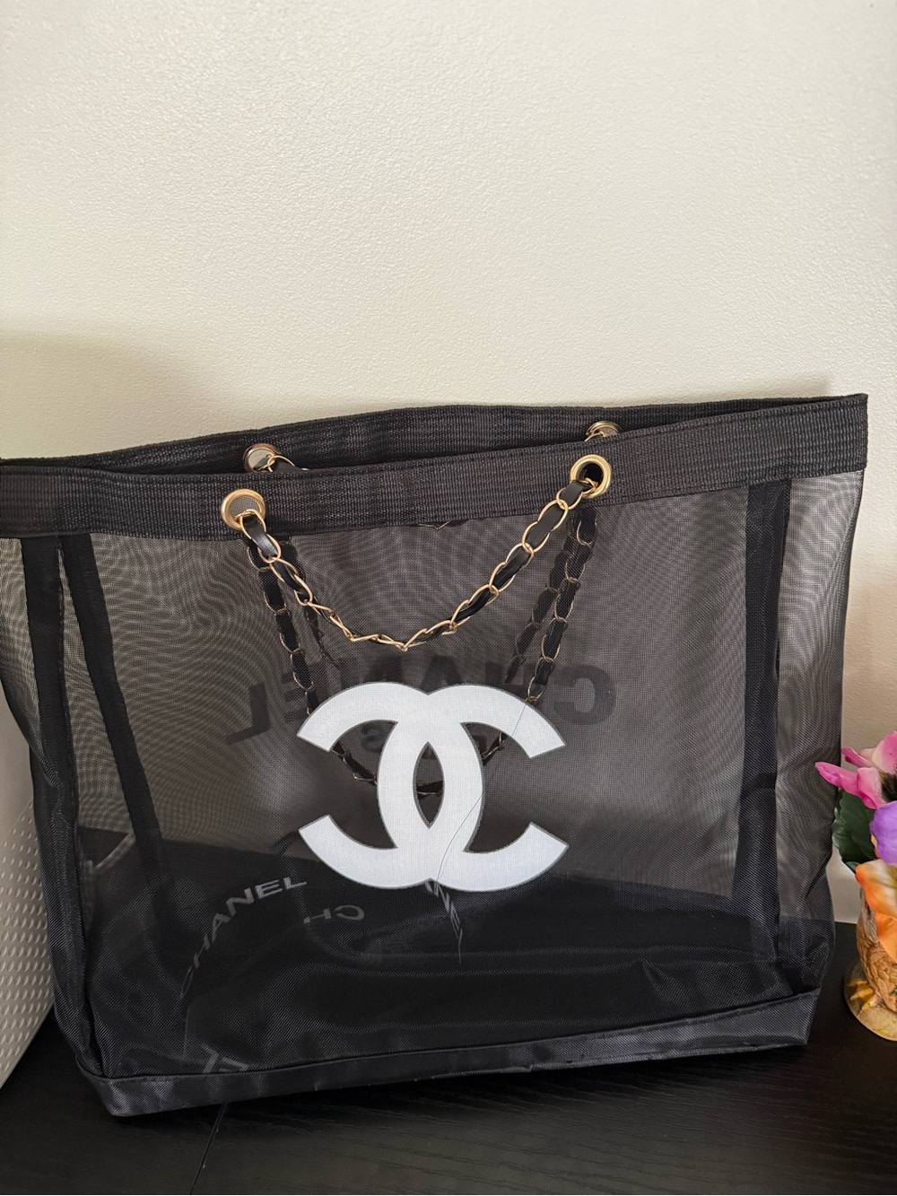 Black Mesh Tote Bag with Cc White Logo and Chain Handles